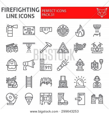 Firefighter Line Icon Set, Fireman Symbols Collection, Vector Sketches, Logo Illustrations, Fire Saf