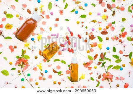 Recreational Drugs Conceptual Flat Lay Top View Of Various Medication On Colorful Background