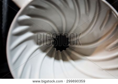 White Funnel Pourover On A Black Background For Preparation Of Coffee By An Alternative Method. Work