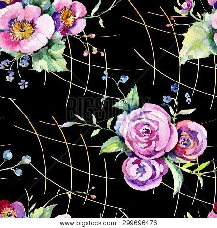 Pink Rose Bouquet Loral Botanical Flowers. Watercolor Background Illustration Set. Seamless Backgrou