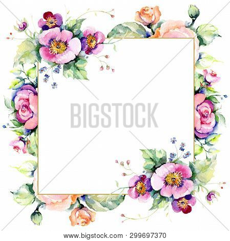 Pink Rose Bouquet Loral Botanical Flowers. Watercolor Background Illustration Set. Frame Border Orna