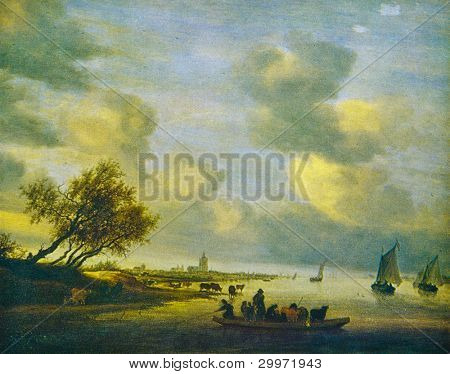USSR - CIRCA 1981: Postkort viser draw bySalomon van Ruysdael - færge nær Arnhem, Hermitage, St