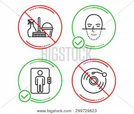 Do Or Stop. Elevator, Face Recognition And Household Service Icons Simple Set. Vinyl Record Sign. Of