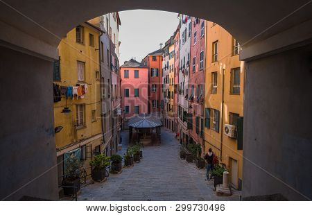 Genoa, Italy, April 29, 2019 - Santa Brigida Troughs Square (truogoli Di Santa Brigida), One Of The 