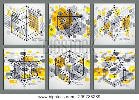 Vector Of Modern Abstract Cubic Lattice Lines Yellow Backgrounds Set. Layout Of Cubes, Hexagons, Squ