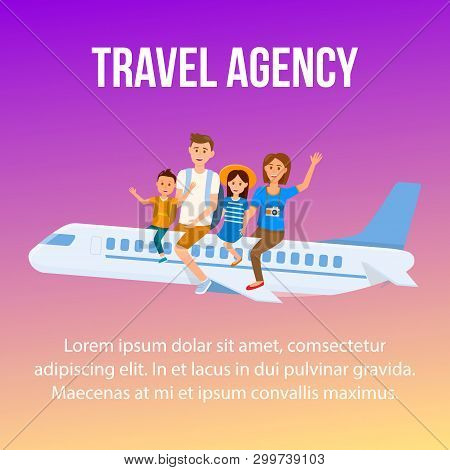 Travel Agency Social Media Square Post With Text. Family Sitting On Airplane Vector Poster With Copy