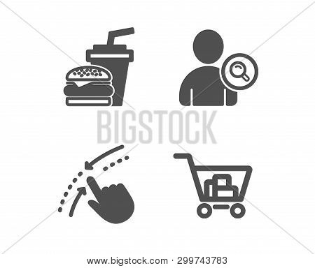 Set Of Swipe Up, Find User And Hamburger Icons. Internet Shopping Sign. Touch Down, Search Person, B