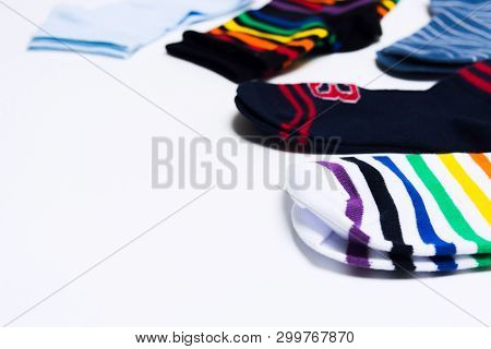 Colorful Textile Socks On White Background For Legs With Copy Space. Shopping Concept For Store. Sel