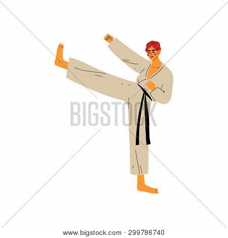 Karate Fighter Doing Powerful Kick, Male Athlete Character In Kimono Fighting, Active Healthy Lifest