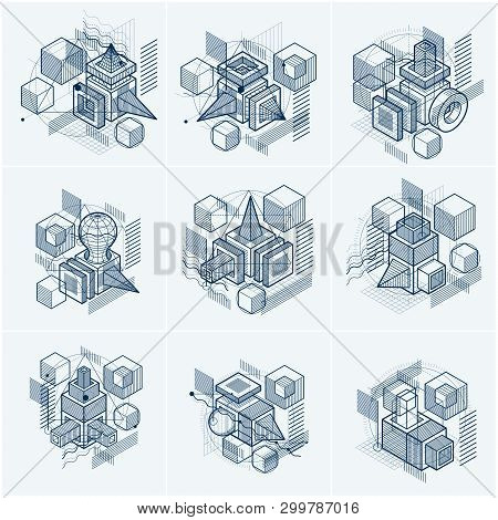 Abstract Backgrounds With Isometric Lines, Vector Illustrations. Templates Made With Cubes, Hexagons