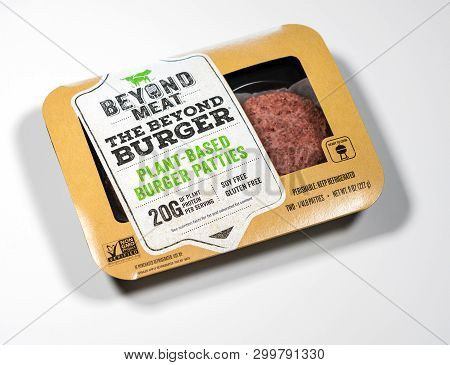 Morgantown, Wv - 6 May 2019: Packaging For Beyond Meat Beyond Burgers On White Background