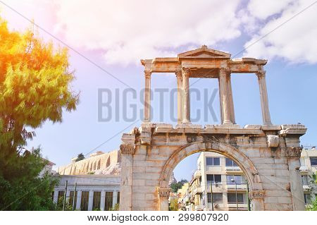 Hadrians Gate Of New City Of Athens. The Arch Of Hadrian, Commonly Hadrians Gate, Is A Monumental Ga