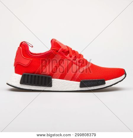 Vienna, Austria - August 28, 2017: Adidas Nmd R1 Red Sneaker On White Background.