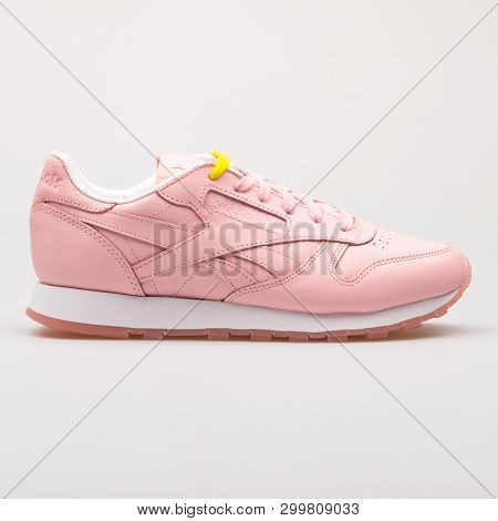 Vienna, Austria - August 28, 2017: Reebok Classic Leather Face Pink Sneaker On White Background.