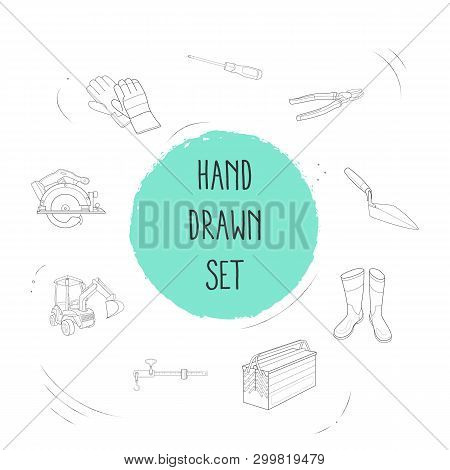 Set Of Construction Icons Line Style Symbols With Tool Box, Steelyard Balance, Trowel And Other Icon