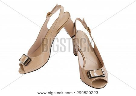 Beige Feminine Shoes With Open Toe And Bow, Isolated