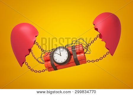 3d Close-up Rendering Of Dynamite Bundle With Timer Bomb Suspended On Chains Between Two Parts Of Br