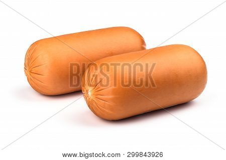Two Boiled Sausage Isolated On A White Background. Traditional Russian Sausage.