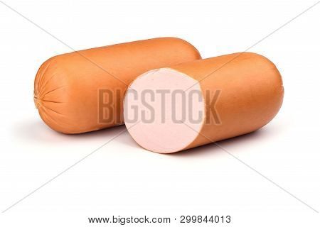 Two Boiled Sausage Isolated On A White Background. Traditional Russian Sausage.