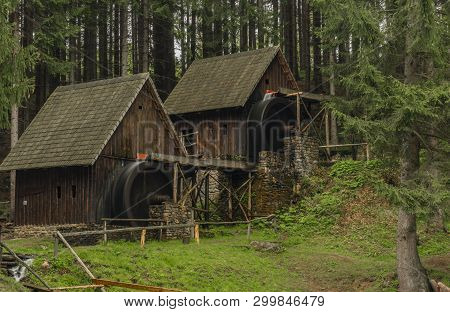 Wooden Old Mill In Forest In Valley Near Zlate Hory Town In North Moravia