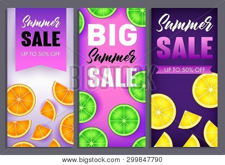 Summer Sale Letterings Set With Lime, Orange And Lemon Slices. Tourism, Summer Offer Or Sale Design.