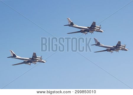 Moscow, Russia - May 07, 2019: Turboprop Strategic Bomber-missile Carrier Tu-95ms In The Blue Sky Ov