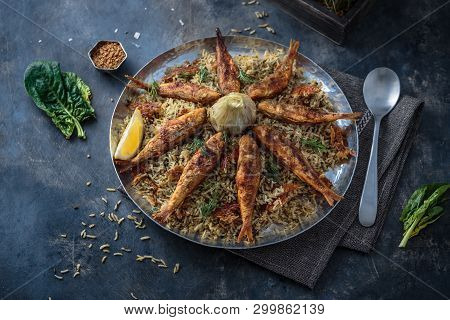 Persian Herbed Rice Sabzi Polo With Fried Red Mullet, Copy Space