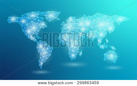 Abstract Web World Map In Polygonal Line. Global Network Connection In A Triangular Shape Blue Neon 