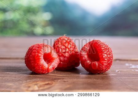 Group Of Three Whole Fresh Red Raspberry In A Foggy Jungle Mountains