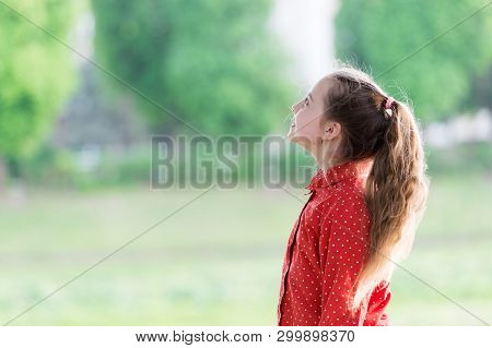 Summer Holidays. Charming Stylish Fashionable Girl In Park. Little Child Enjoy Walk In Park. Weekend