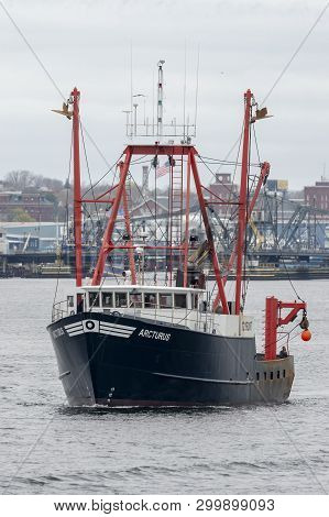 New Bedford, Massachusetts, Usa - May 2, 2019: Commercial Fishing Vessel Arcturus Heading Down The A