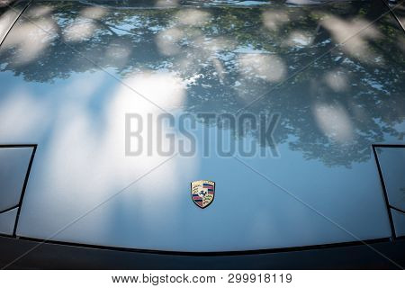 Berlin - June 05, 2016: Fragment Of The Hood And Emblem Of The Sports Car Porsche 914/6.
