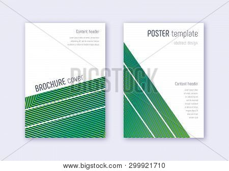 Geometric Cover Design Template Set. Green Abstract Lines On Dark Background. Breathtaking Cover Des