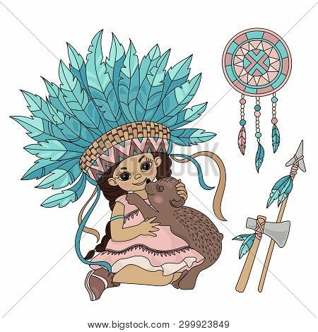 Pocahontas Bear American Native Red Skinned Indian Princess Animal Vector Illustration Set For Print