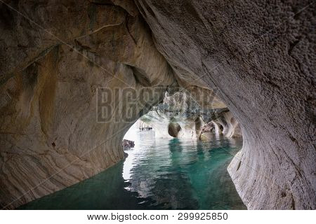 Unusual marble caves on the lake of General Carrera, Patagonia, Chile. Carretera Austral trip.