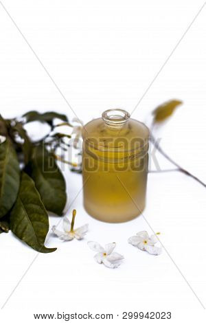 Close Up Of Essential Oil Of Indian Jasmine Flower Or Juhi Or Jasminum Auriculatum Isolated On White