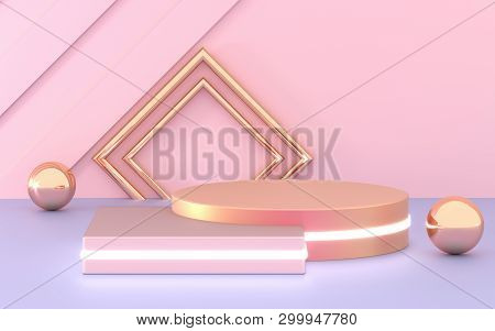 3d Rendering Podium Geometry With Pink Blue And Gold Elements. Abstract Geometric Shape Blank Podium