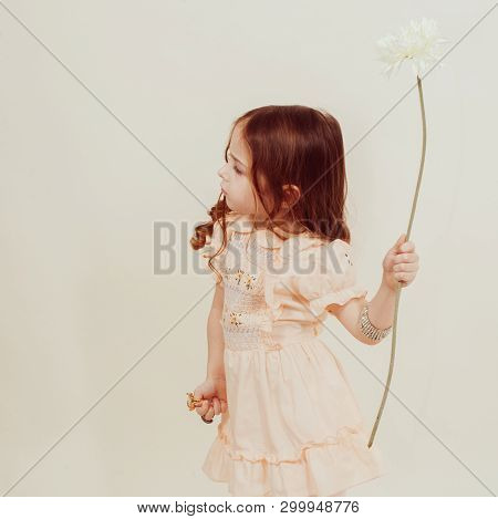 Full Length Of Beautiful Little Girl In Dress Standing And Posing Over White Background