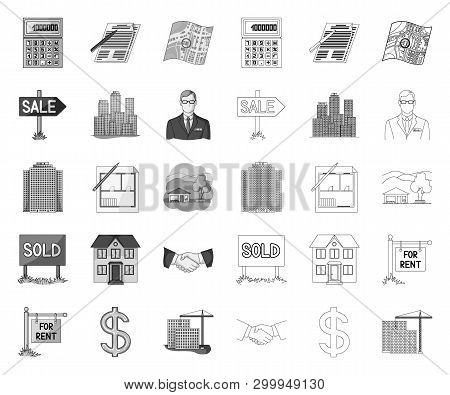 Realtor, Agency Mono, Outline Icons In Set Collection For Design. Buying And Selling Real Estate Vec