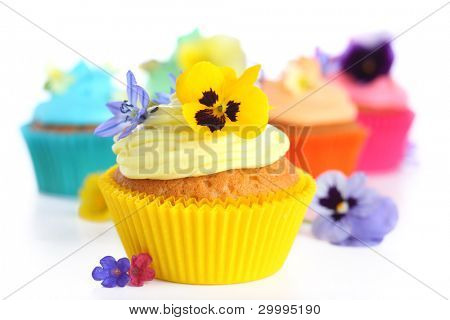 cupcakes with cream and decorated with violets