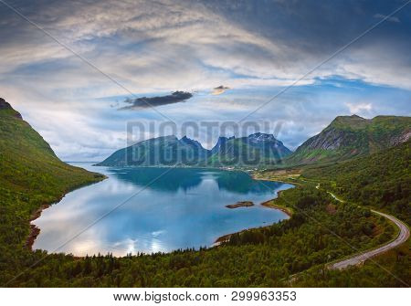 Summer Cloudy Ersfjord Night View, Norway, Senja