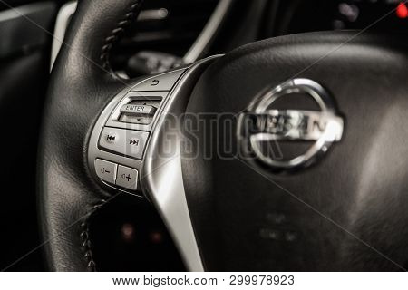 Novosibirsk, Russia - May 06, 2019:  Nissan Xtrail,close-up Of The Multiwheel With Setting And Volum