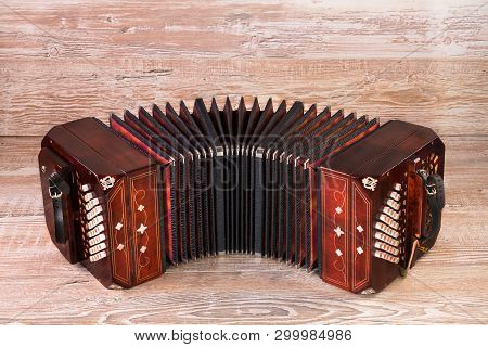 Open Bandoneon, Tango Instrument, On Light Wooden Background