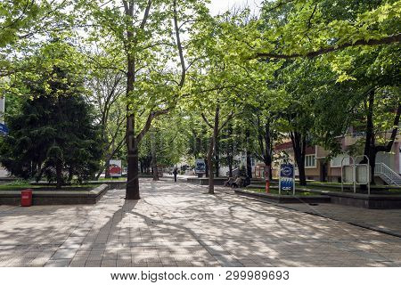 Dobrich, Bulgaria - May 1, 2008: Building And Street At The Center Of Town Of Dobrich, Bulgaria