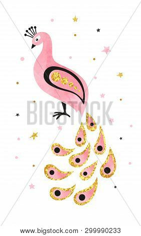 Abstract Beautiful Pink Peacock Vector Illustration Isolated On Hite Background.