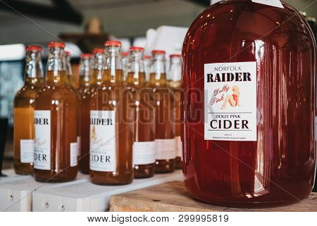 Elveden, Uk - April 21, 2019: Locally Made Norfolk Raider Cider On Sale In The Courtyard, A Country 