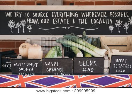 Elveden, Uk - April 21, 2019: Variety Of Fresh Vegetables On Sale Outside The Courtyard, A Country M