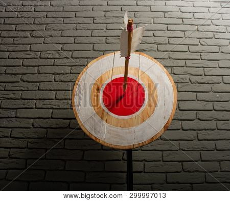 Rough Wooden Target With A Single Arrow Caught Right In The Center Of A Red Circle Against A Gray Br