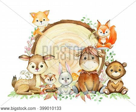 Fox, Deer, Chipmunk, Rabbit, Moose, Bear, And Squirrel. Watercolor Forest Animals, On A Wooden Backg