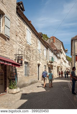 Rocamadour, France - September 3, 2018: Tourists Walking In The Medieval Centre Of Rocamadour. Franc